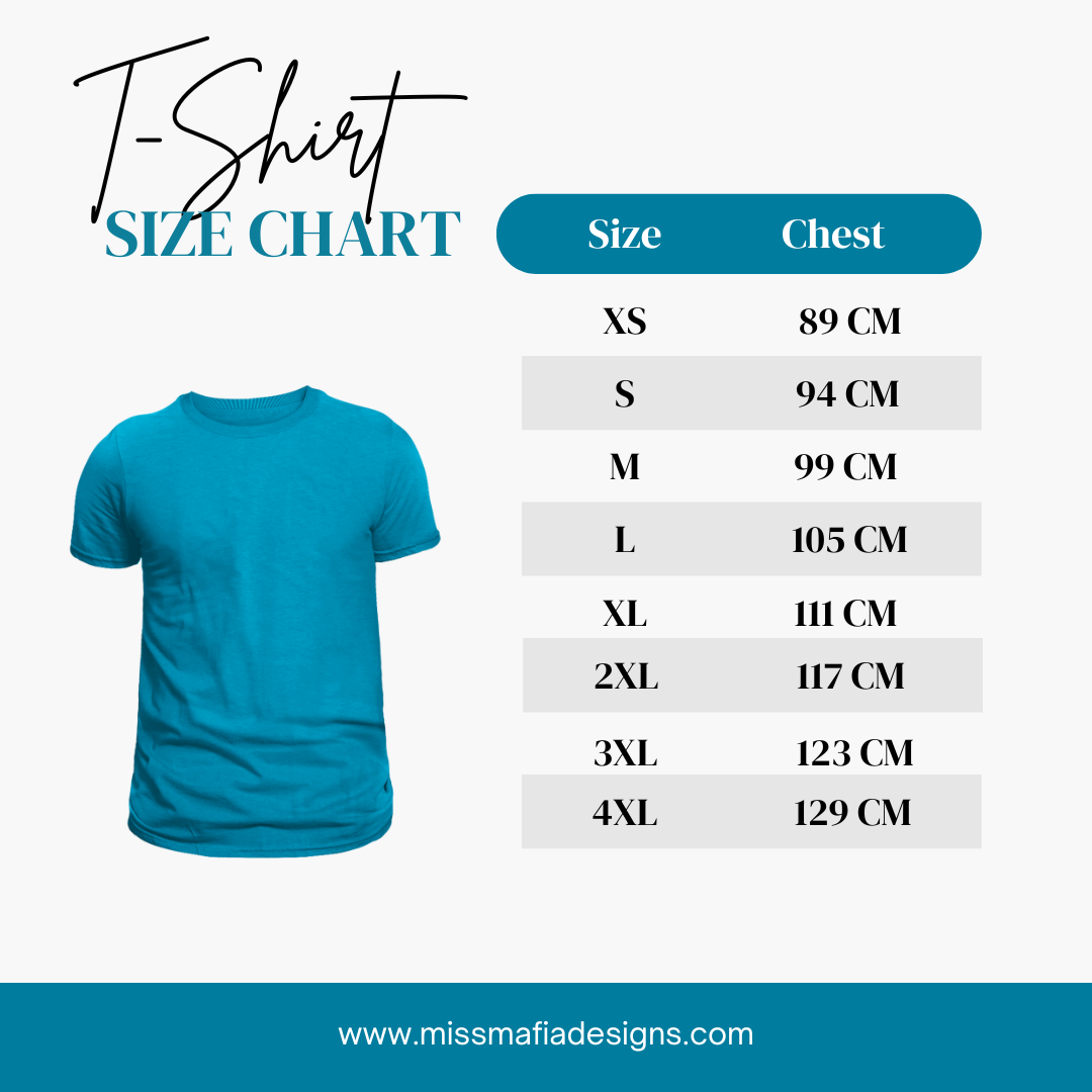 T-shirt size chart displaying chest measurements in centimetres for sizes XS to 4XL, with a blue t-shirt graphic and the Miss Mafia Designs website on a white and teal background.
