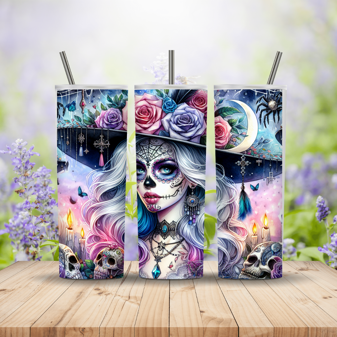 Three vertical panels with a colorful design featuring a face with blue hair and colorful roses on a wooden surface with flowers in the background.