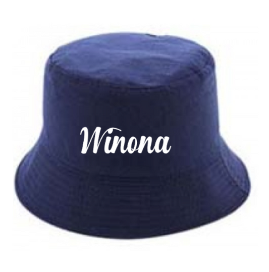 Navy blue bucket hat with 'Name' text on a white background