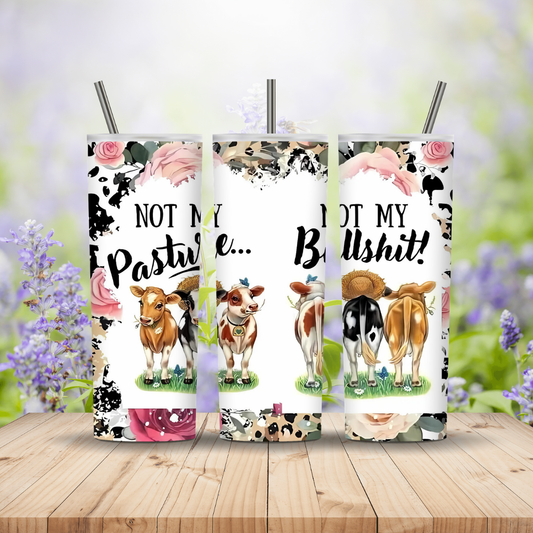 three tumblers with cows and text on a wooden background
