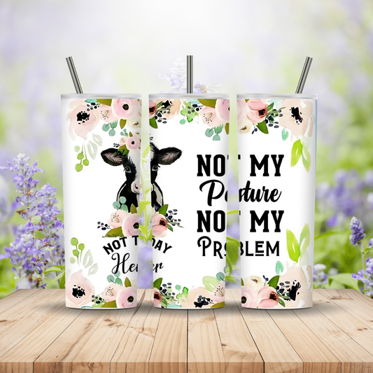 Three tumblers with floral designs and text on a wooden surface with a blurred natural background