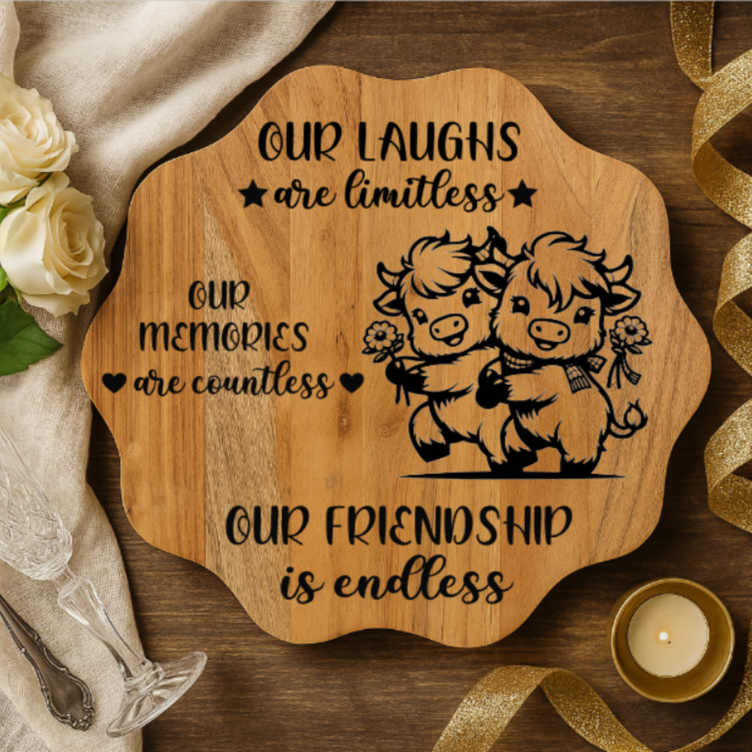Wooden plaque with engraved text and illustrations of two animals, surrounded by flowers and a candle.