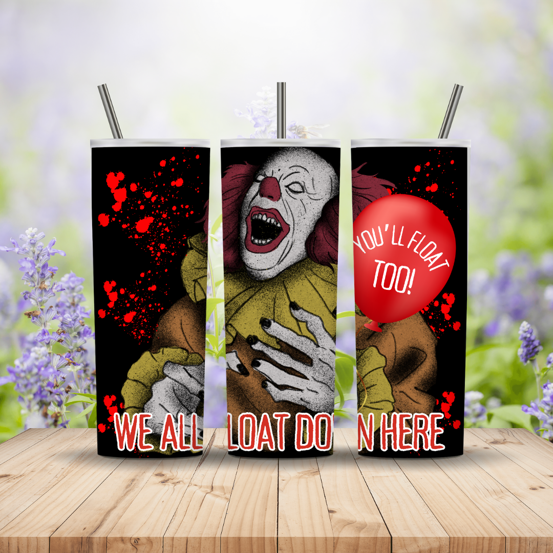 Three tumbler designs featuring a clown with text on a wooden surface with a blurred floral background.