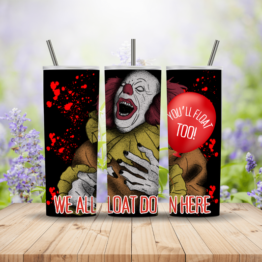 Three tumbler designs featuring a clown with text on a wooden surface with a blurred floral background.