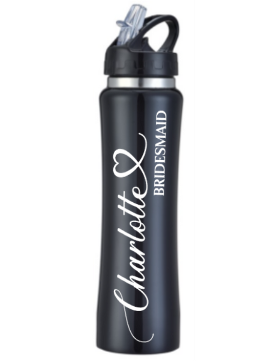 Black water bottle with 'Charlotte Bridesmaid' text on a white background