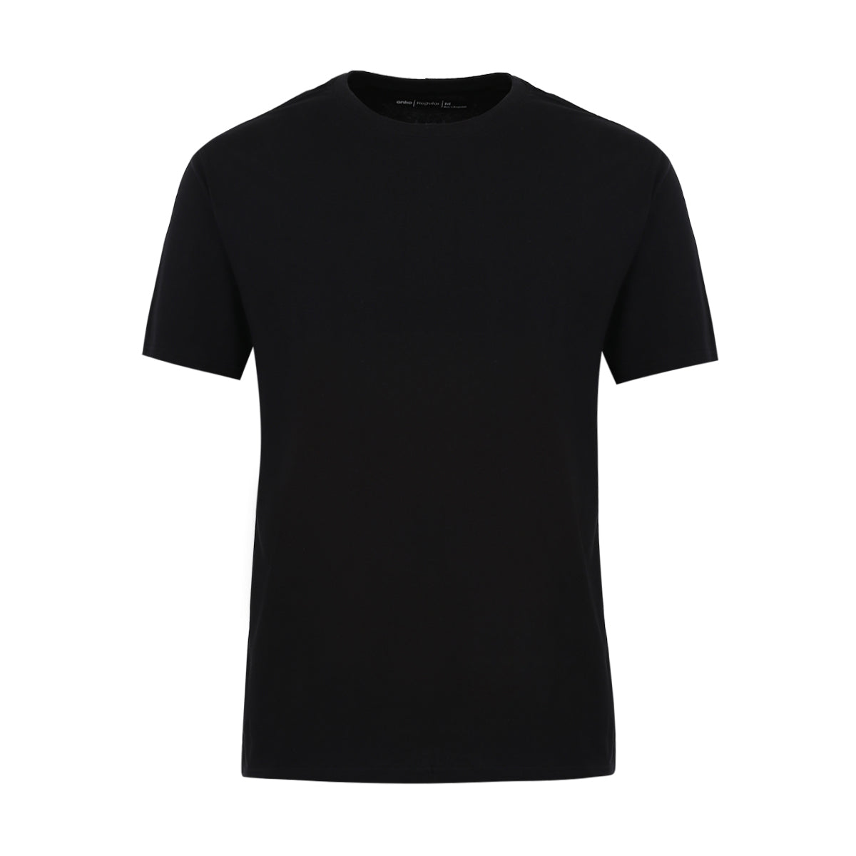 Black short-sleeve crew neck t-shirt displayed on a plain white background, front view.