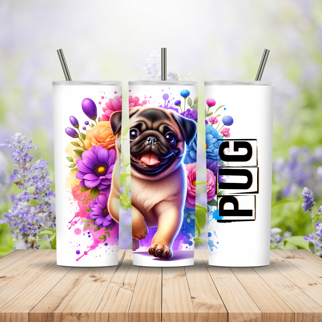 Three tumblers with pug designs on a wooden surface with a floral background Miss Mafia