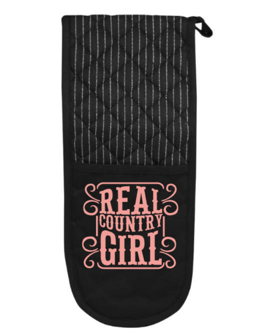 Black oven mitt with pink 'Real Country Girl' text on a white background