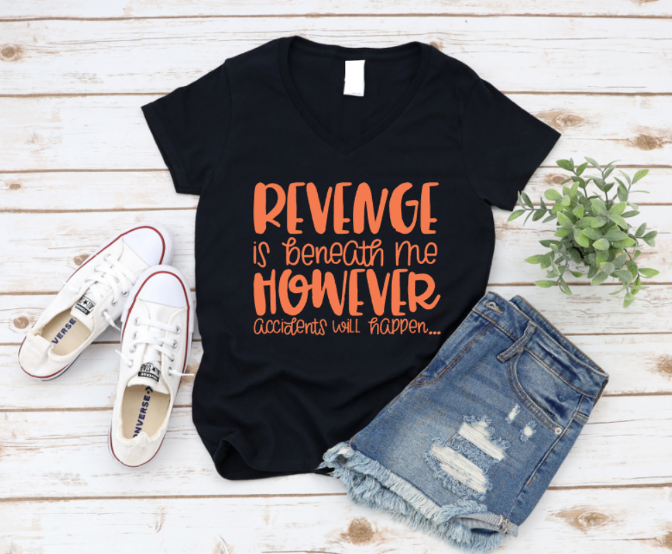 Black t-shirt with orange text, white sneakers, and denim shorts on a wooden surface. www.missmafia.com