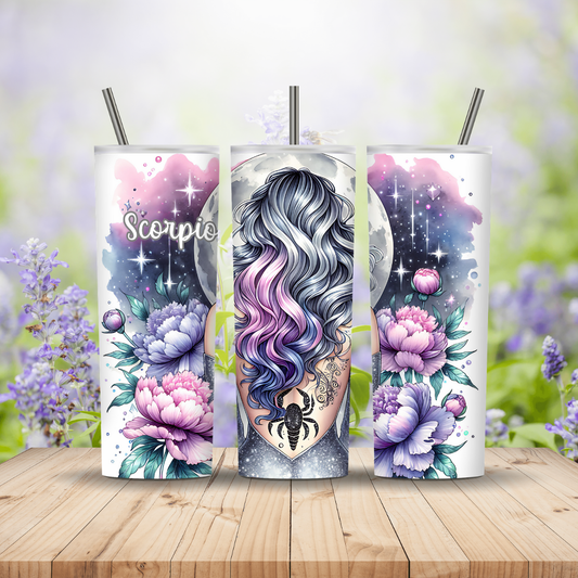 Three tumbler designs with Scorpio zodiac symbol, floral elements, and purple hair on a wooden surface with blurred floral background.