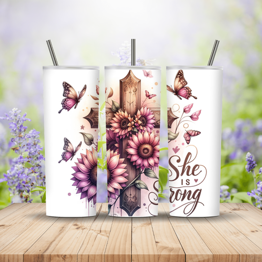 Three tumblers with floral and motivational designs on a wooden surface with a blurred nature background. Miss Mafia