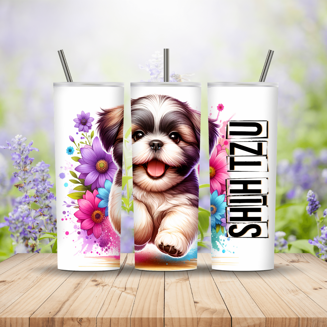 Three tumblers with a dog design and floral elements on a wooden surface with a blurred nature background. Miss Mafia