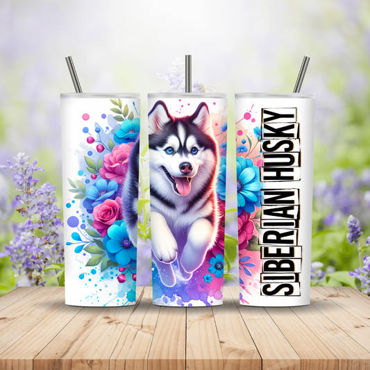 Three tumblers with Siberian Husky designs on a wooden surface with a blurred floral background Miss Mafia
