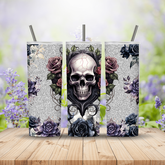 Skull design with roses on a decorative panel against a floral background