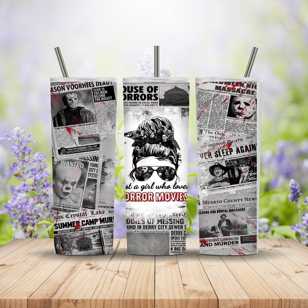 Three tumbler with Horror Movies on a wooden surface with a blurred floral background