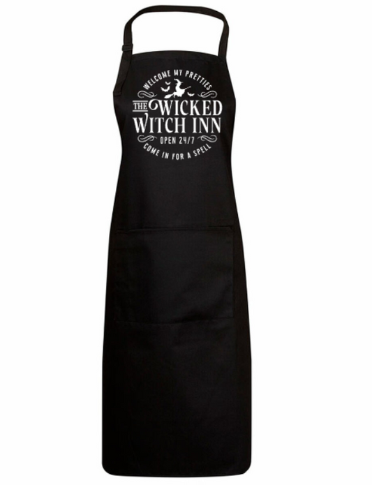 Black apron with white text on a white background