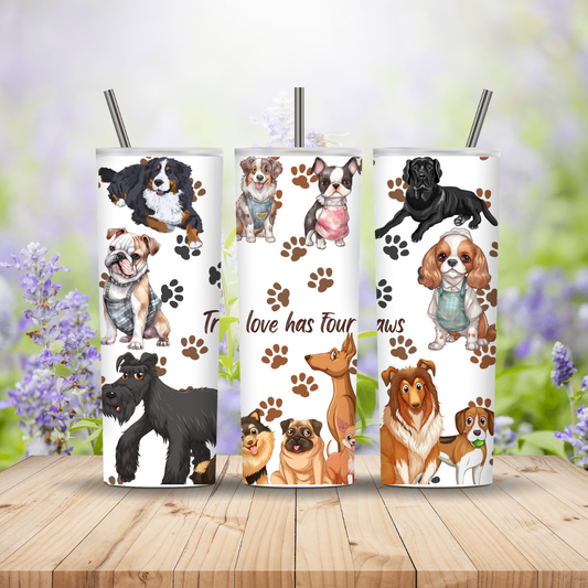 Three tumblers with dog illustrations and paw prints on a wooden surface with a floral background. Miss Mafia