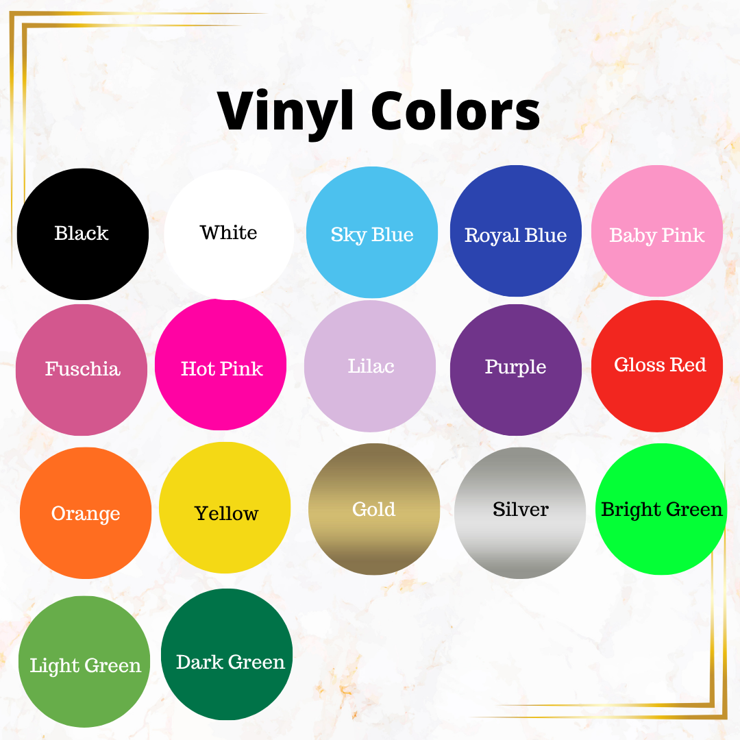 Vinyl colour chart showing 18 labelled colour swatches including black, white, pinks, blues, greens, and metallics on a white marble background.