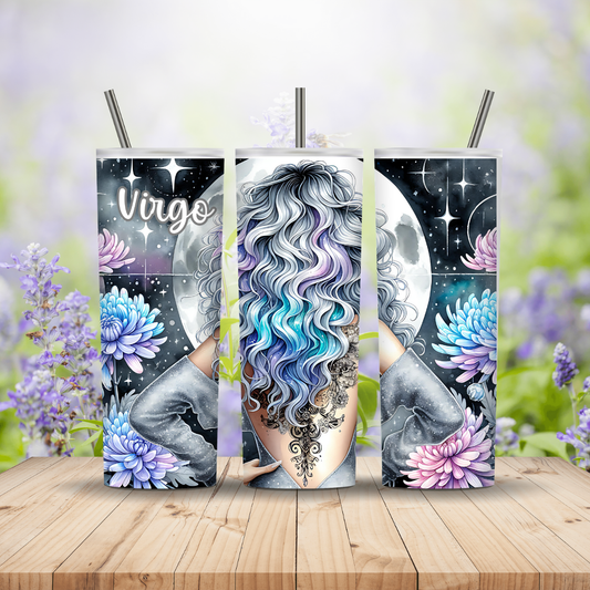 Three tumbler designs featuring astrological signs with floral elements on a wooden surface.