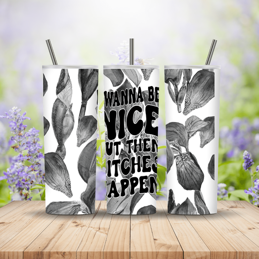 Three tumblers with black and white leaf design and text on a wooden surface with a blurred floral background.