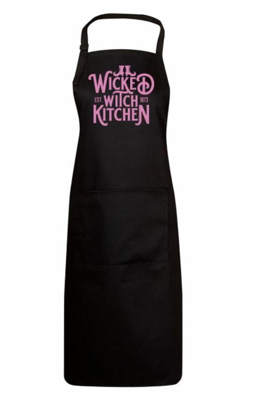 Black apron with pink text on a white background