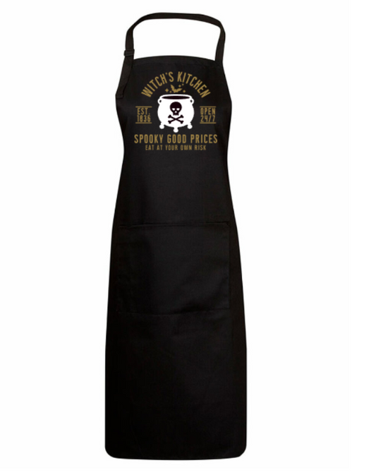 Black apron with graphic design and text on a white background