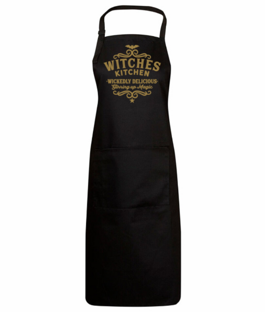 Black apron with gold text on a white background