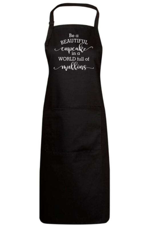 Black apron with white text on a white background