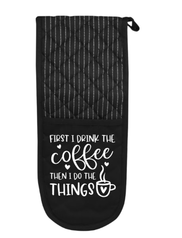 Black oven mitt with white text on a white background
