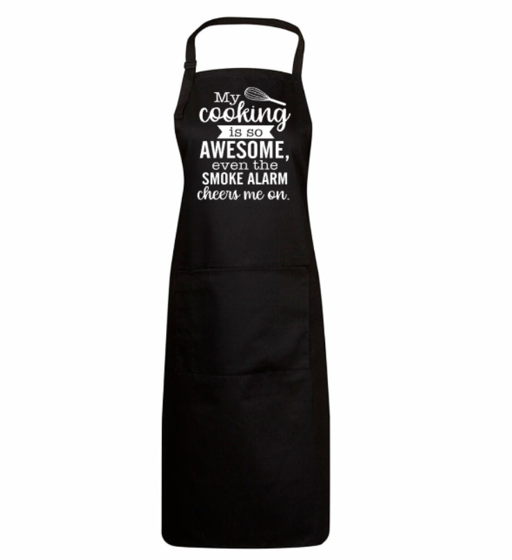 Black apron with humorous text design on a white background
