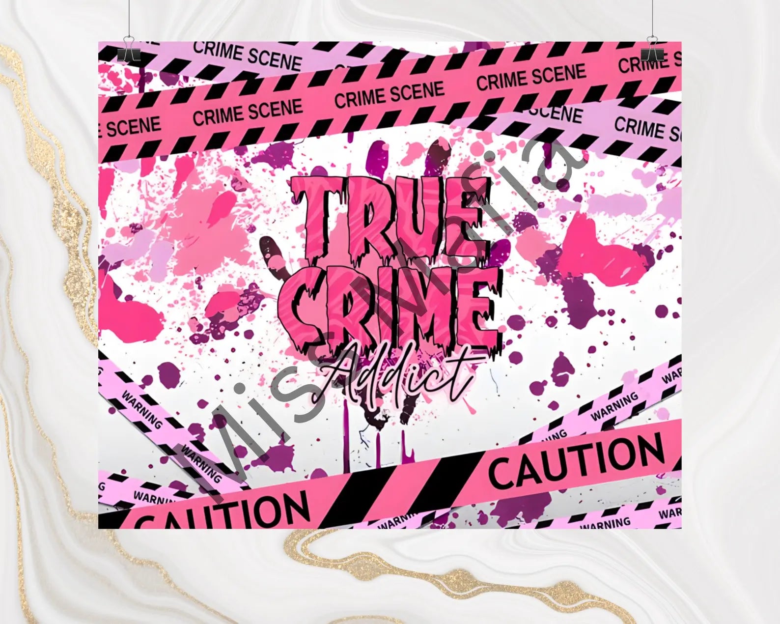 Pink and black 'True Crime Addict' sign with crime scene tape design on a white background