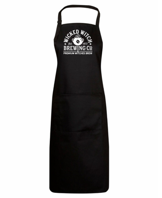 Black apron with 'Wicked Witches Brewing Co' text on a white background