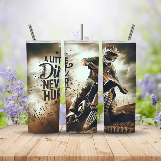 Three tumblers with motocross design and text on a wooden surface with blurred floral background