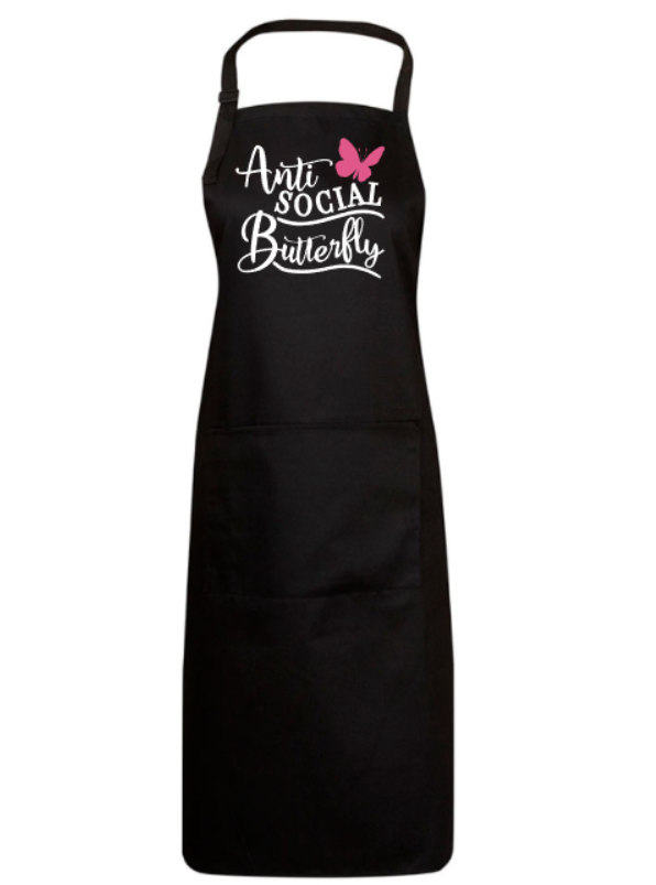 Black apron with 'Anti Social Butterfly' text and pink butterfly on a white background
