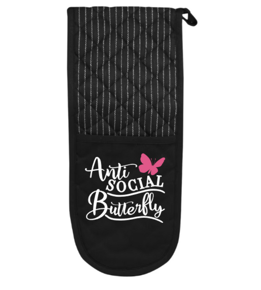 Black oven mitt with 'Anti Social Butterfly' text and pink butterfly graphic on a white background