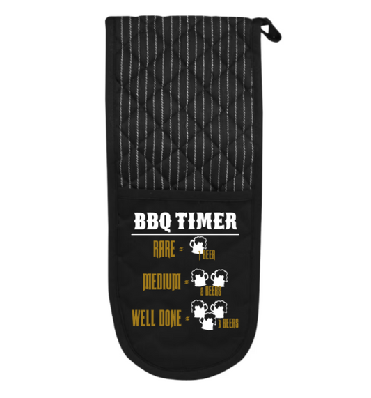 Black BBQ timer with text and beer mug icons on a white background