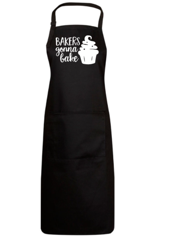 Black apron with 'Bakers Gonna Bake' text and cupcake graphic on a white background