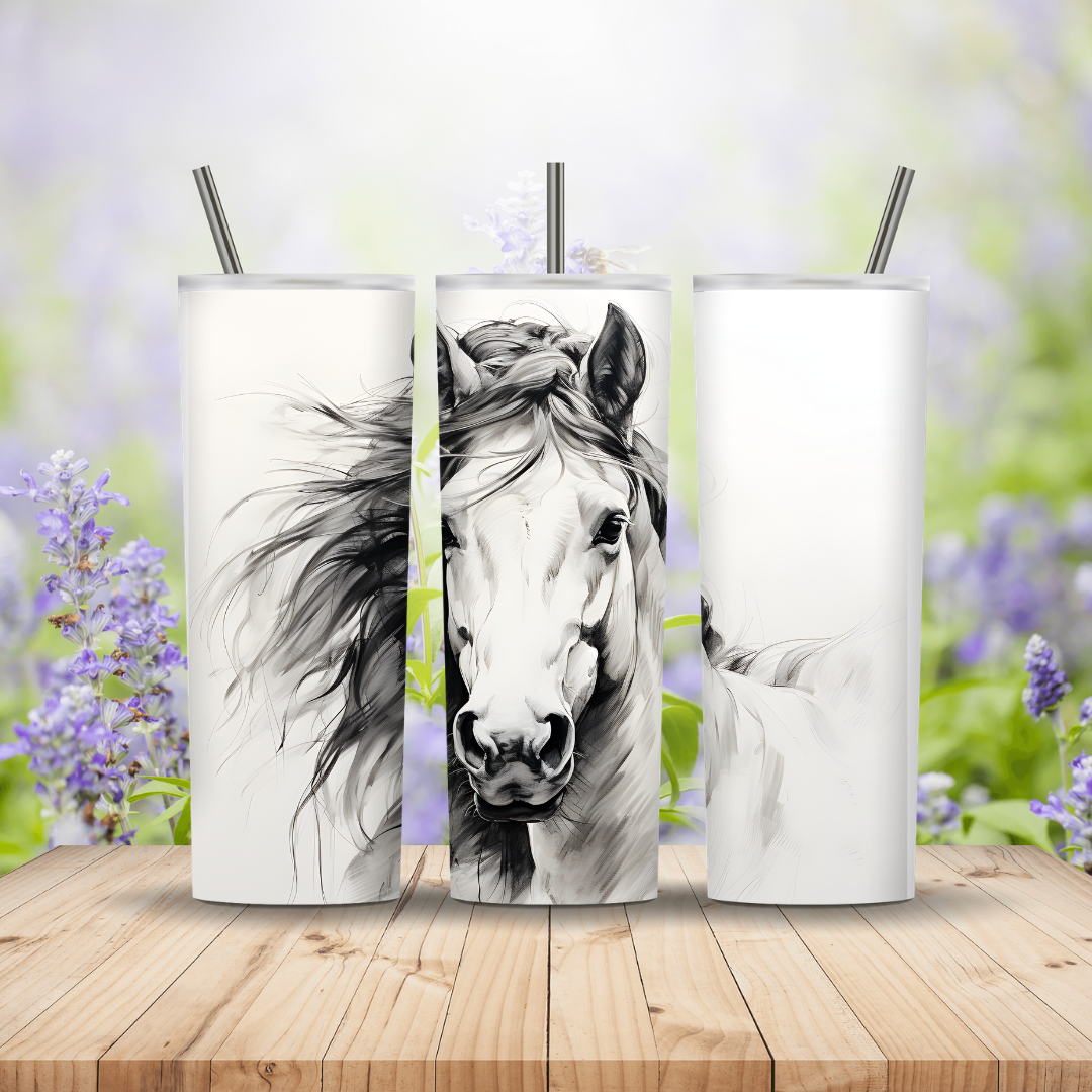 Three tumblers with horse designs on a wooden surface with a blurred floral background