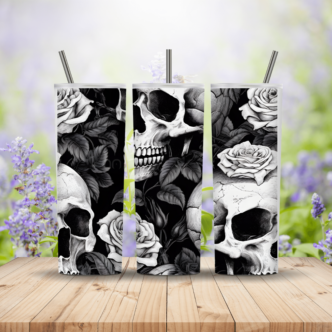 Three vertical panels with black and white skull and rose design on a wooden surface with blurred floral background.