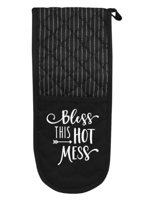 Black oven mitt with white text 'Bless This Hot Mess' on a white background