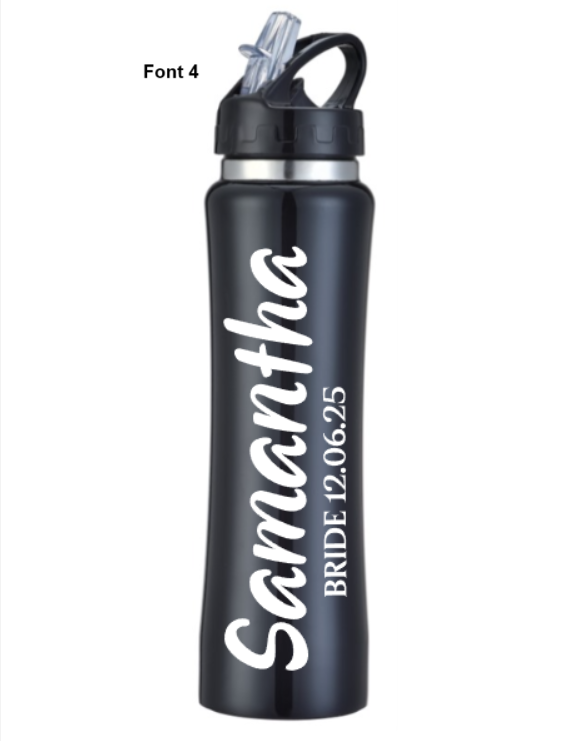 Black water bottle with personalized text on a white background