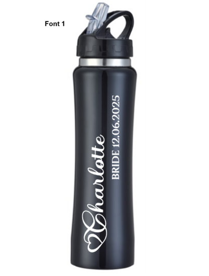 Black water bottle with white text and a straw lid on a white background