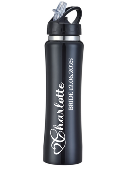 Black water bottle with white text on a white background