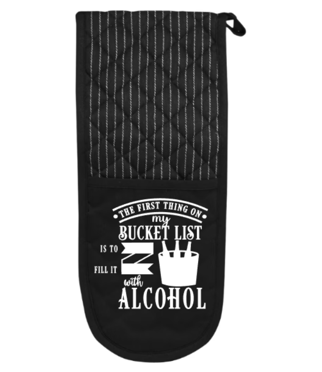 Black oven mitt with white text and design on a white background