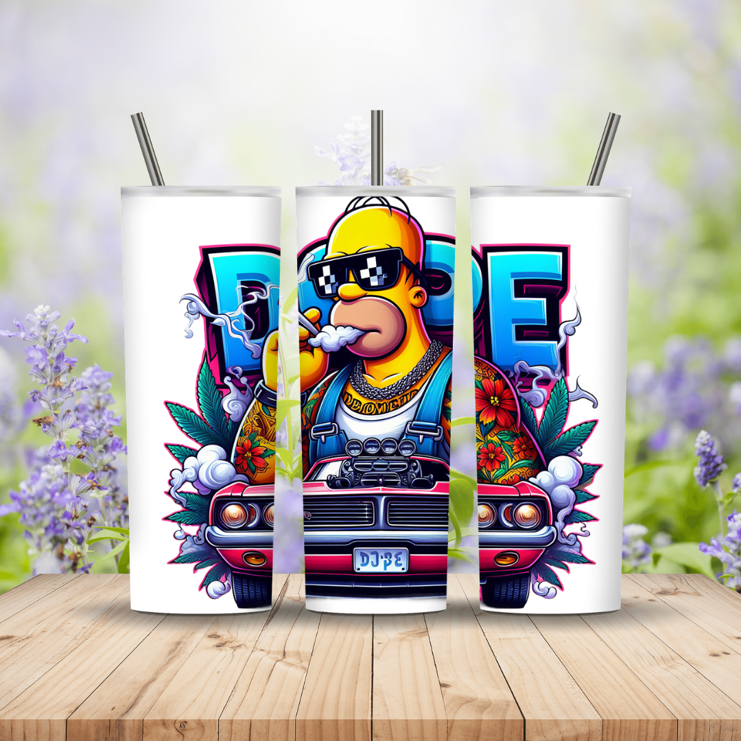 Three colorful tumblers with a cartoon character and 'DOPE' text on a wooden surface with a floral background.