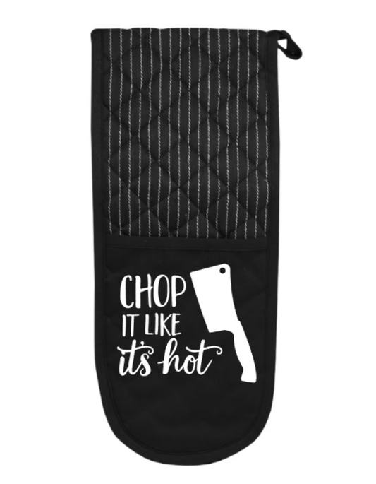 Black oven mitt with text and a graphic on a white background