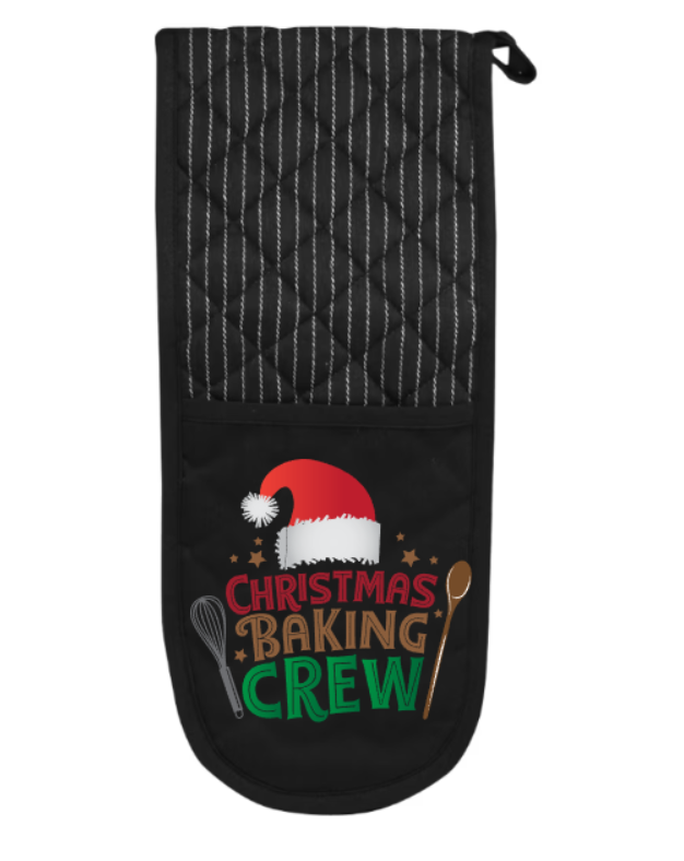 Black oven mitt with 'Christmas Baking Crew' text and Santa hat design on a white background