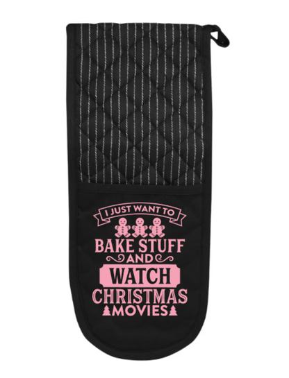 Black oven mitt with pink text on a white background