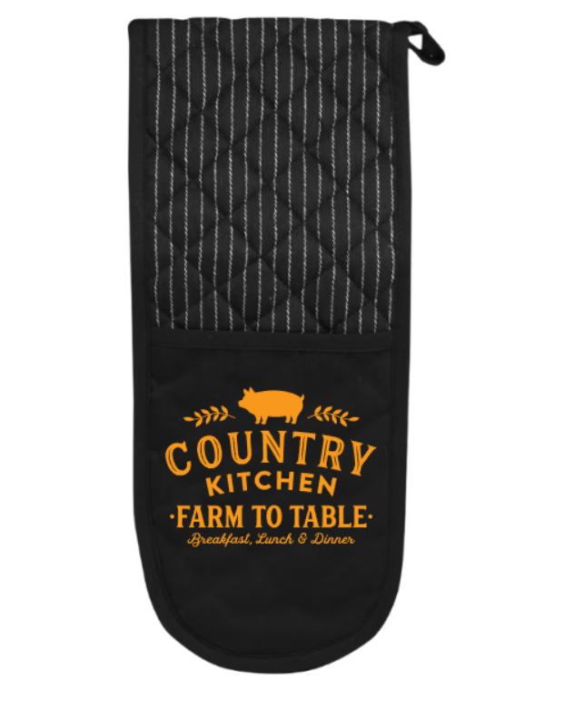 Black oven mitt with 'Country Kitchen, Farm to Table' text and pig illustration on a white background