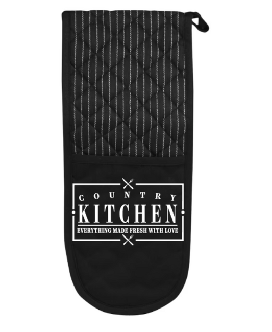 Black oven mitt with 'Country Kitchen' text on a white background